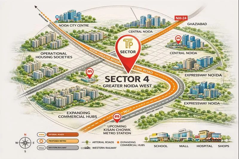Illustrated connectivity map of Forbes Fab Luxe showing metro lines, expressways, airports and key landmarks in colorful detail