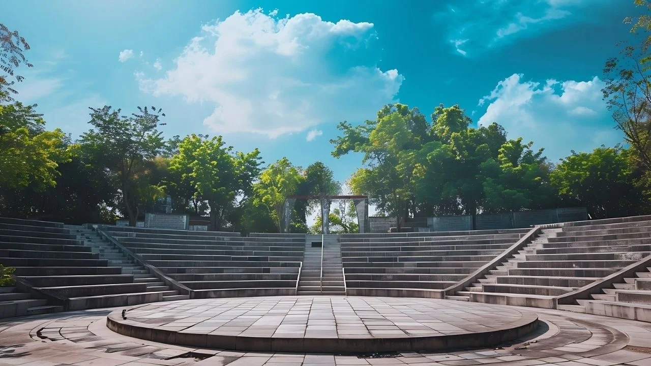 Open-air amphitheatre with tiered stone seating surrounded by landscaped gardens at Forbes Fab Luxe