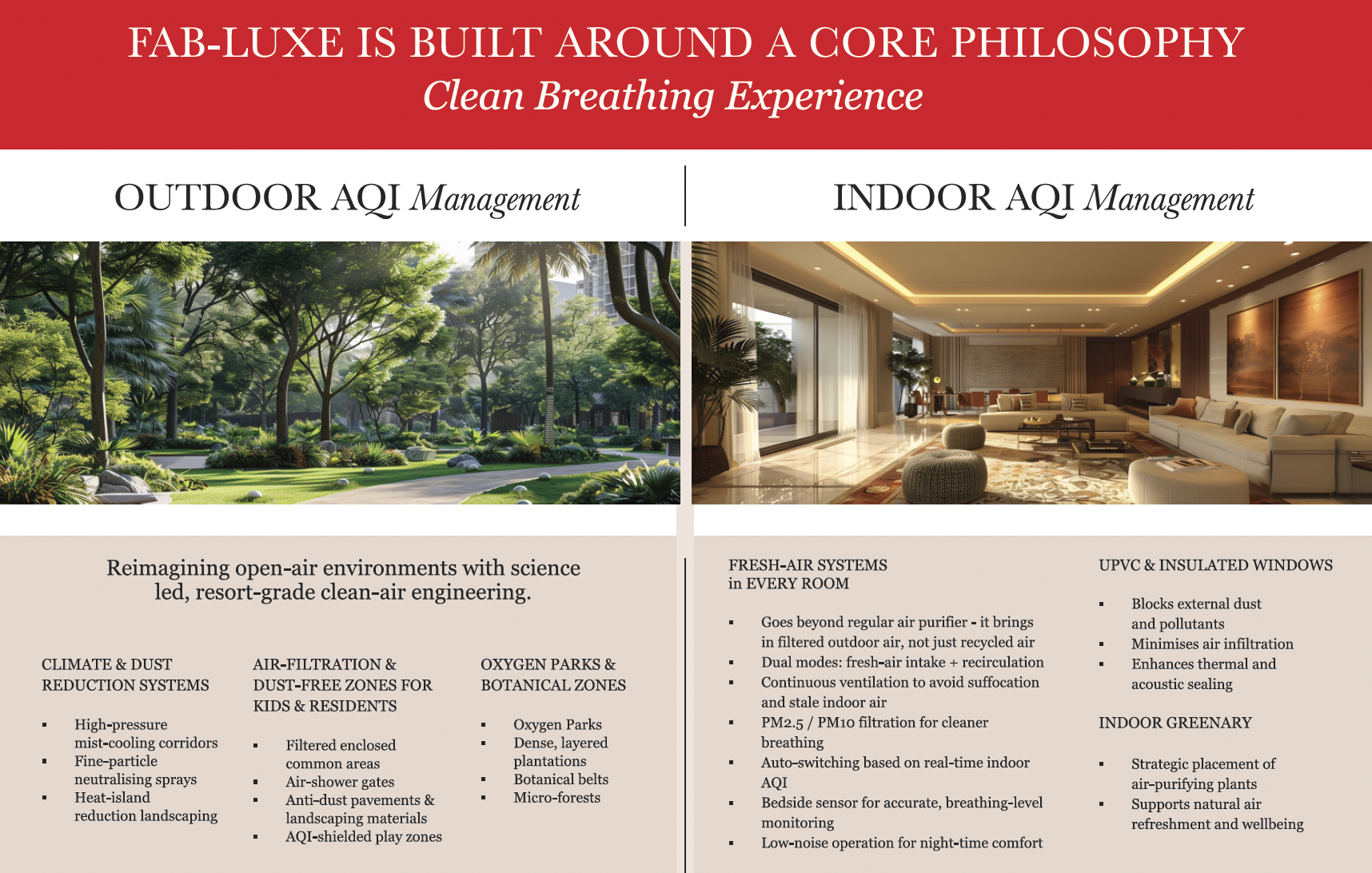 Forbes Fab Luxe AQI management brochure showing outdoor and indoor clean air systems, mist-cooling corridors, and bedside sensors