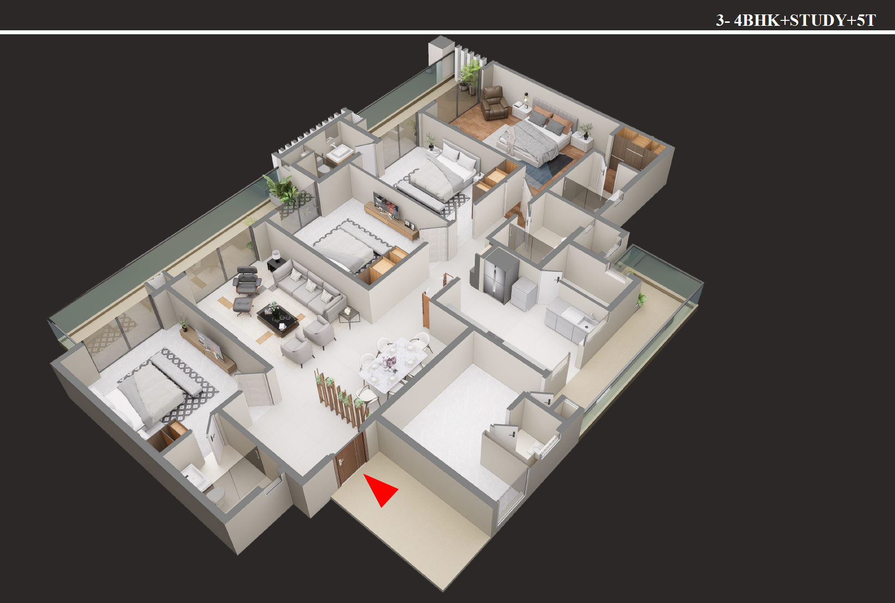 3D isometric floor plan of 4 BHK + Study + 5T apartment, 3307 sq ft at Forbes Fab Luxe