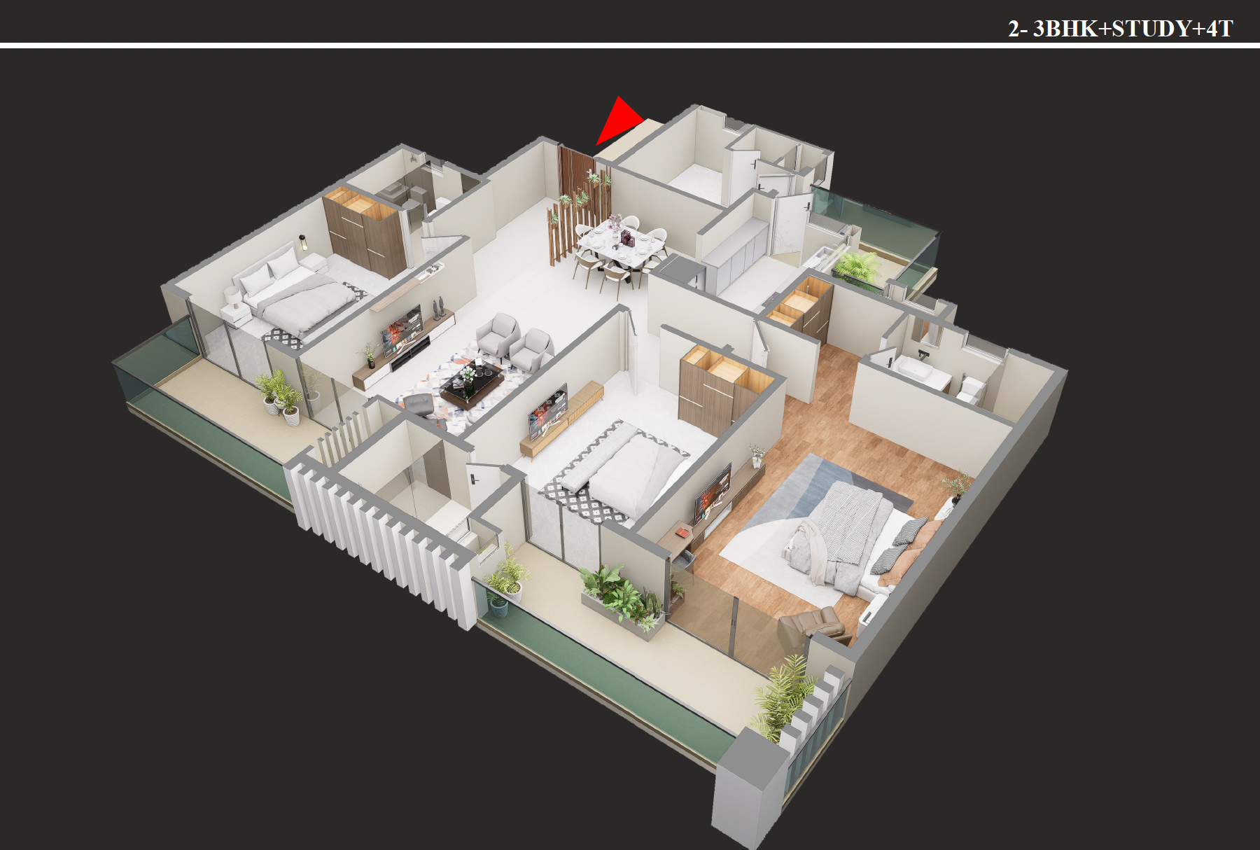 3D isometric floor plan of 3 BHK + Study + 4T apartment, Type 1, 2690 sq ft at Forbes Fab Luxe