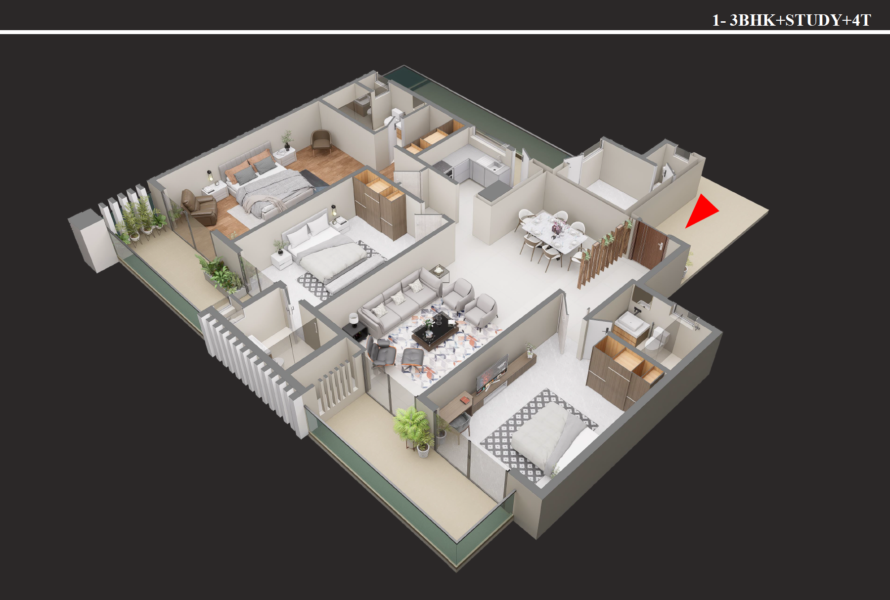 3D isometric floor plan of 3 BHK + Study + 4T apartment, Type 2, 2690 sq ft at Forbes Fab Luxe