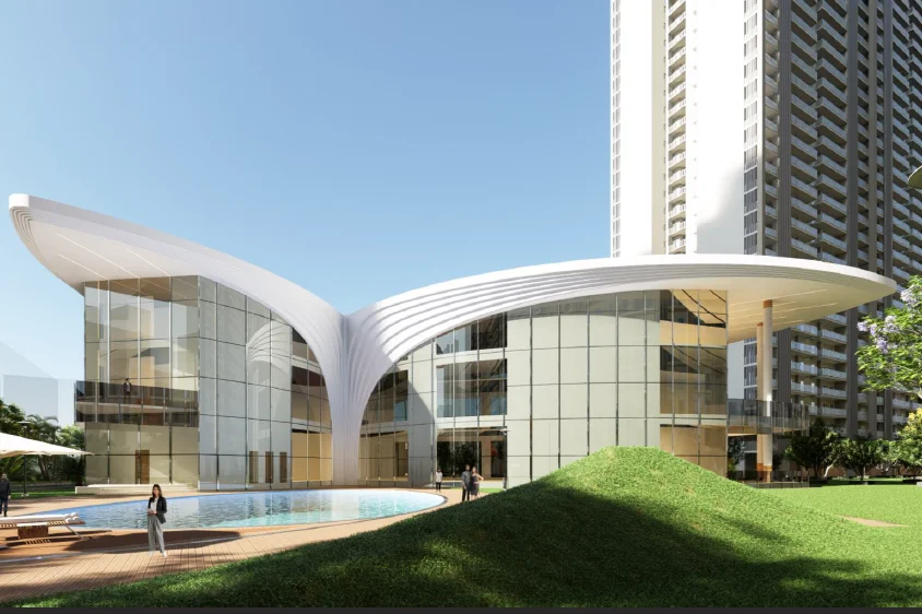 Forbes Fab Luxe lifestyle clubhouse exterior at ground level with glass facade and landscaped surroundings