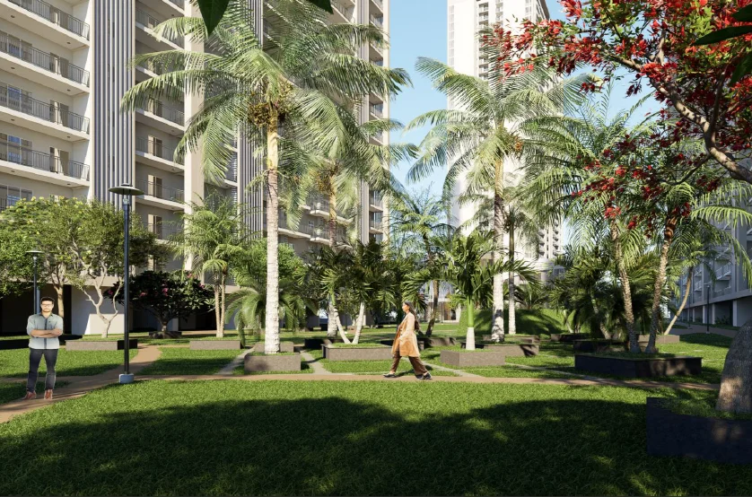 Forbes Fab Luxe garden walkway with palm trees, landscaped paths and residents strolling through manicured grounds