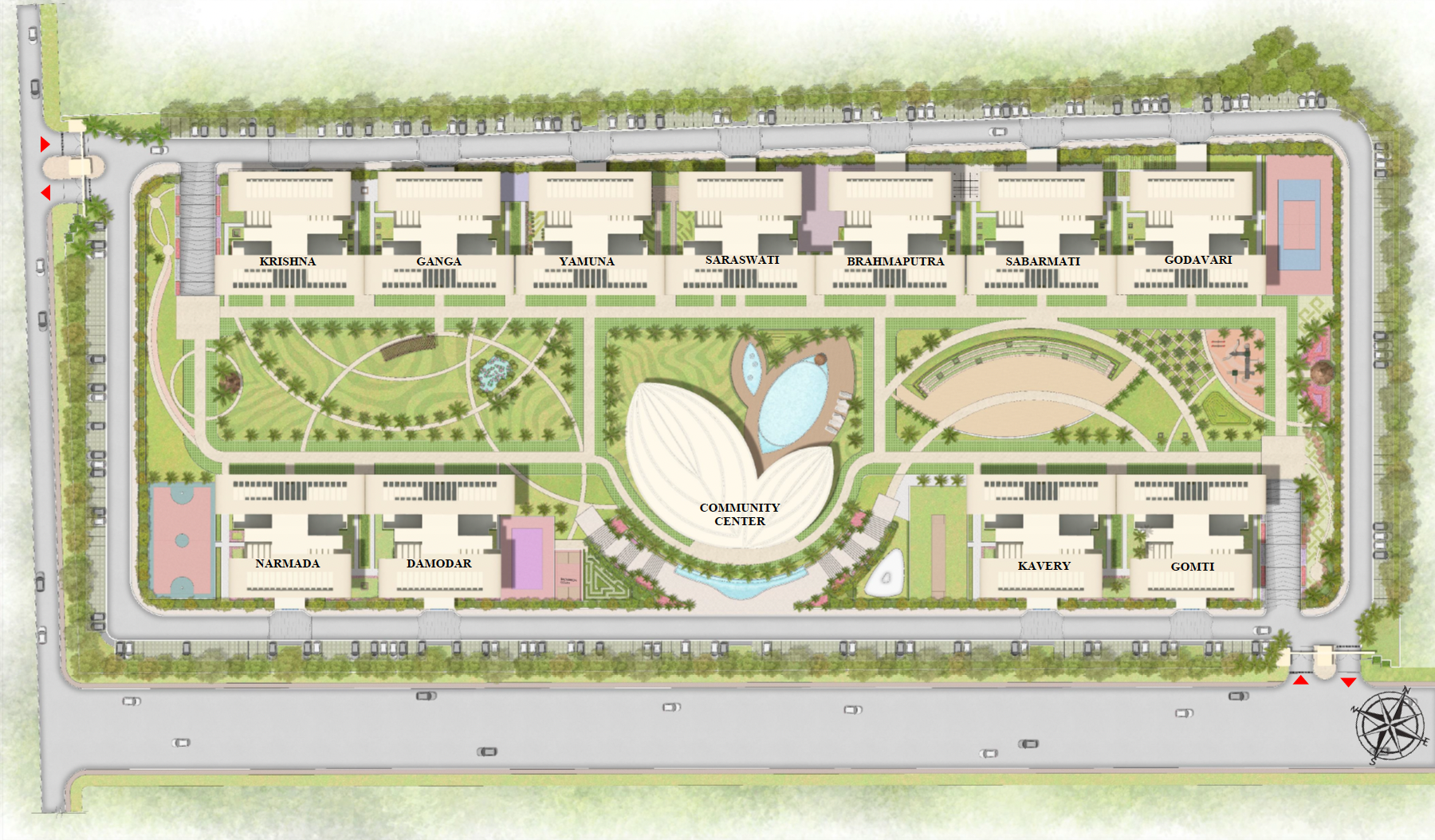 Forbes Fab Luxe master plan showing all 11 towers — Krishna, Ganga, Yamuna, Lakawati, Brahmaputra, Saraswati, Godavari, Narmada, Hamodar, Kavery, Gomti — with amenity locations