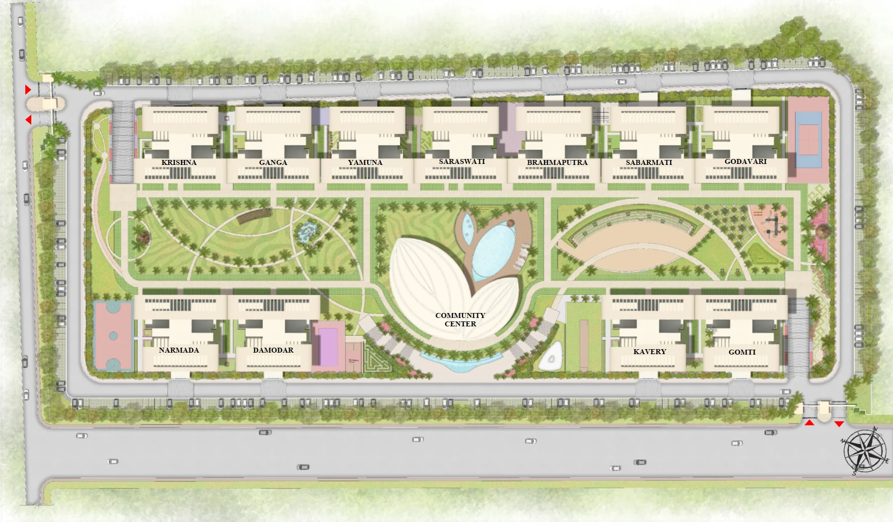 Forbes Fab Luxe master plan showing all 11 towers — Krishna, Ganga, Yamuna, Lakawati, Brahmaputra, Saraswati, Godavari, Narmada, Hamodar, Kavery, Gomti — with amenity locations