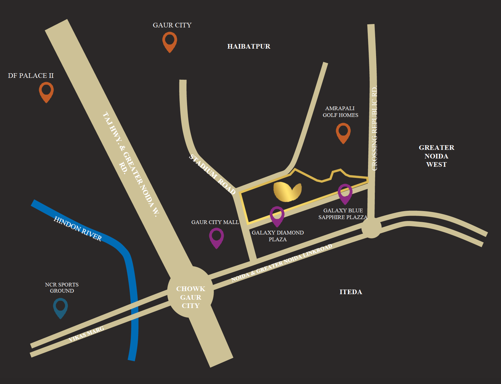 Forbes Fab Luxe location map on dark background showing surrounding roads, landmarks and distance markers